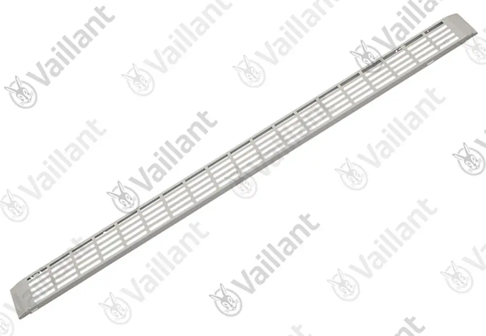 Lufteintrittsgitter von Vaillant mit schmalen Lamellen, geeignet für die Befestigung an Heizsystemen. Weißes, leichtes Material.